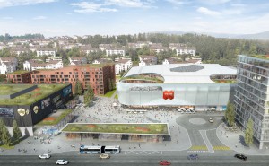 Blick auf die Mall (Mitte), den Vorplatz, auf dem auch Events stattfinden sollen, sowie dem Kinokomplex links, Visualisierung: Mall of Switzerland